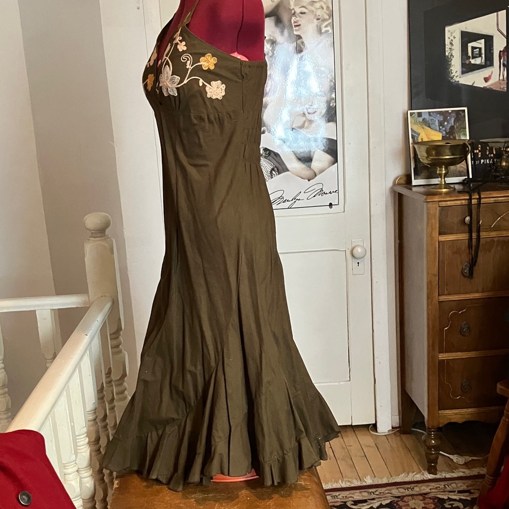 Vintage Chocolate Brown Halter Maxi Dress Embroidered Floral & Butterfly Detail - Picture 2 of 13